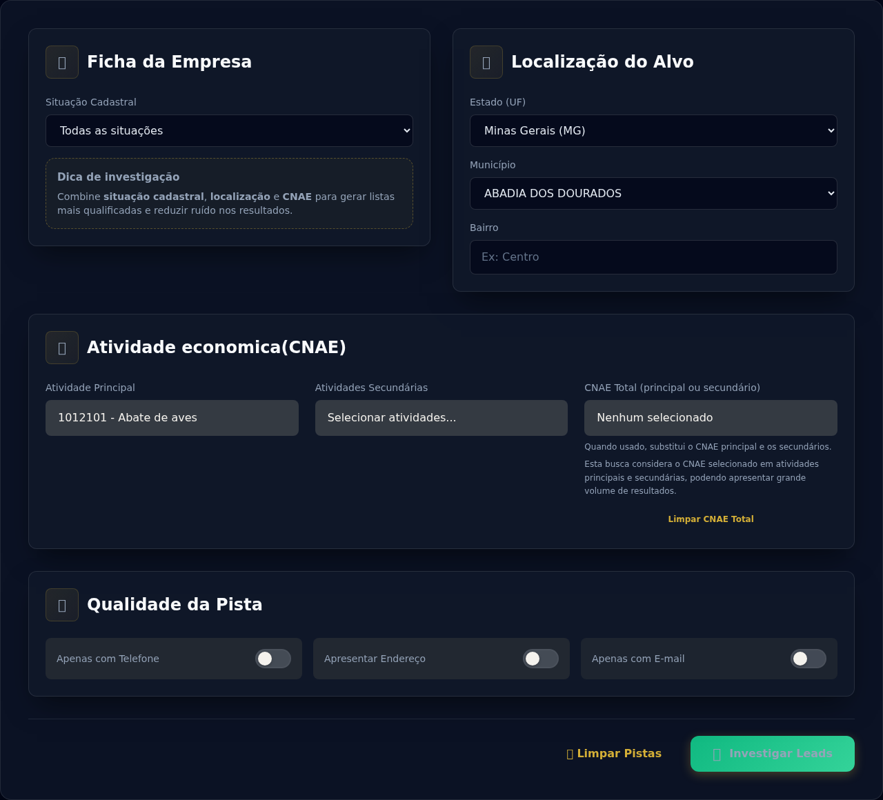 Filtros preenchidos no painel de buscas